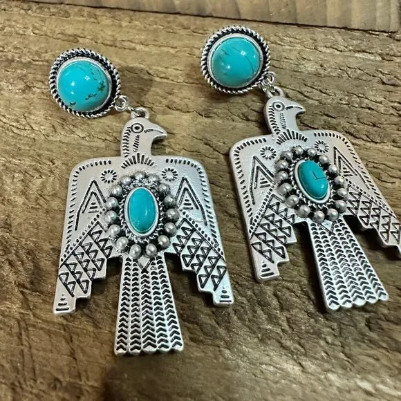 Thunderbird Turquoise 2.5 Inch Long Post Earrings in Antique Silver Finish - Picture 6 of 8